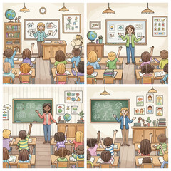 Four Classroom Scenes Depicting Teachers and Students Engaged in Learning.