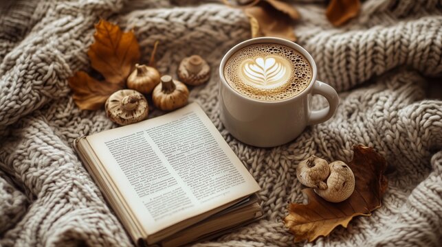 Warm coffee cup with latte art beside an open book, mushrooms, and autumn leaves on a cozy knitted blanket