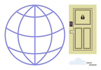 Globe symbolizing global reach next to smart door with lock, keycard reader, and cloud. Ideal for cybersecurity, connectivity, technology, innovation, data security, online access simple landing