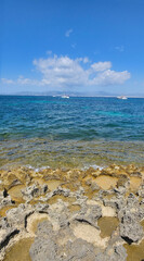 Textured limestone rocks meet shallow turquoise sea water under a bright blue sky in a vertical coastal scene. geology, shoreline