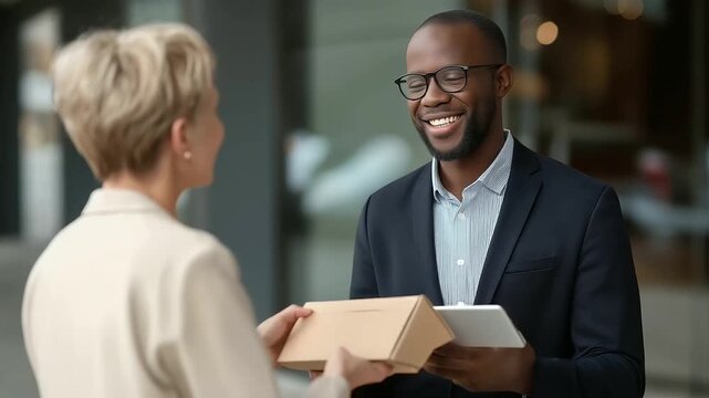 Courier hands signed tablet to customer with soft eye contact
