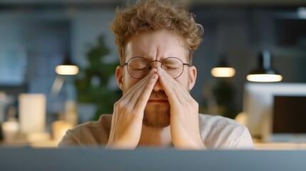 Tired Office Worker Rubbing Eyes at Desk