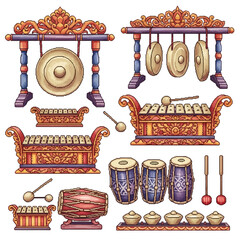 Detailed Illustration of Traditional Indonesian Gamelan Musical Instruments.