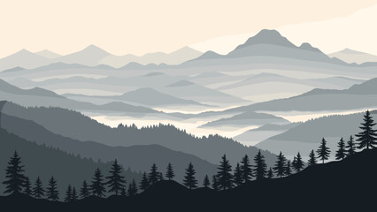 Obraz premium Serene mountain range landscape with misty layers and evergreen trees for travel adventure and nature inspiration, peaceful outdoor scenic views