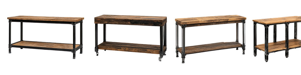 Rustic, industrial-style side tables with a wooden top and metal frame