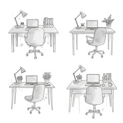 Hand-drawn office desks with laptops lamps chairs and plants in watercolor style.