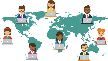 Vector Flat design of global team working remotely from different countries with laptops