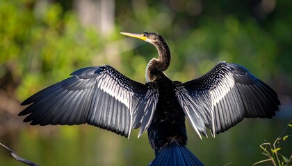 Anhinga Bird Displays Wingspan in Sunlight, Showing Detailed Feather Patterns