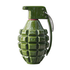 A  military-style hand grenade, olive drab green in color, is depicted.  The grenade's distinctive studded surface and a small red/pink band encircle the top are visible. 