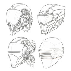 Futuristic Helmet Designs Showcasing Detailed Cyberpunk Aesthetics and Mechanical Components.