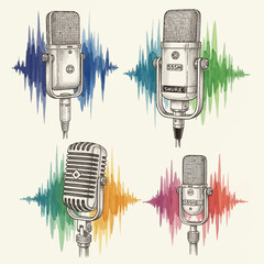 Vintage Microphone Quartet with Colorful Soundwave Illustrations and Detailed Design.