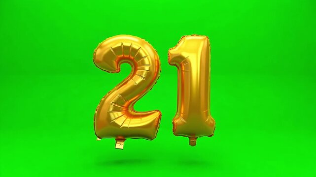 Golden balloon '21' floating on green background, celebrating a 21st birthday party