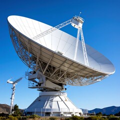 Large radio telescope against a clear blue sky