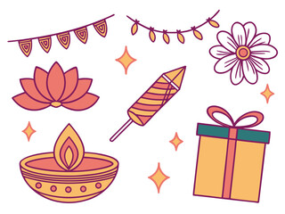 Obraz premium Festive diwali elements including a diya lotus flower firecracker gift box and bunting decorations