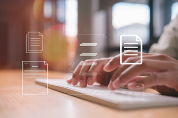 Document data system Report HR technology Concept, Businessman Manager typing on computer laptop checking documents report papers of files icon in modern office, paperless documents