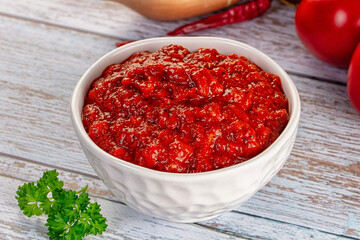 Bulgarian traditional lutenica pepper sauce