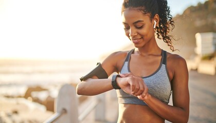 Woman checks fitness tracker by the ocean