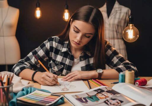 Gen Z fashion designer sketching clothing in her studio with passion and ambition