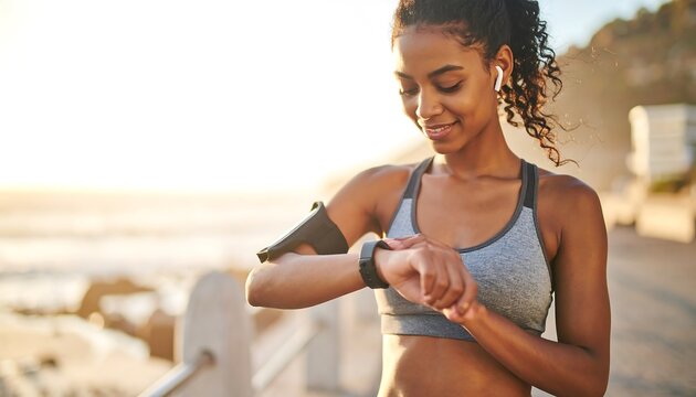 Woman checks fitness tracker by the ocean - Powered by Adobe