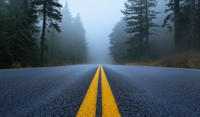 A straight foggy road with yellow lines and pine trees on both sides, captured from ground level perspective showcasing expansive view, misty surroundings, and natural tranquility