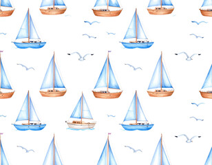 Seamless pattern of yachts and sailing ships on the sea, with nautical elements and cruise symbols in a vector illustration