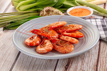 Delicous boiled tiger prawn with sauce