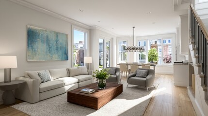 Fototapeta premium Open-concept ground floor of a townhouse with coordinated furniture layout