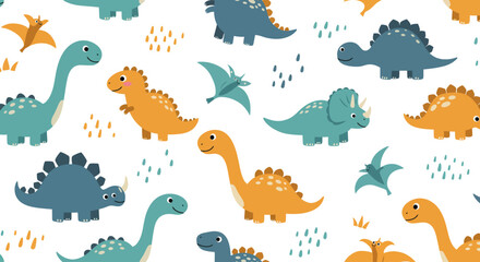 Seamless Vector Pattern of Cute Dinosaurs