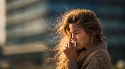 Woman Sneezing Outdoors on a Windy Day