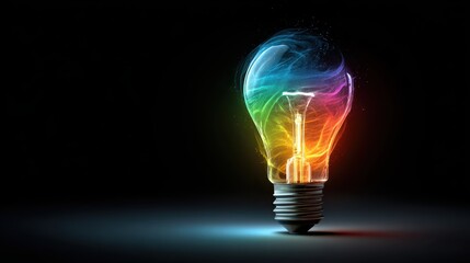 Glowing bulb with rainbow aura on dark. Conceptual image for ideas, innovation, and inspiration.
