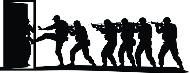 Naklejka premium Silhouette of swat team breaching door