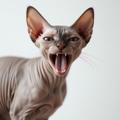 Alert sphynx cat showcasing fierce expression with open mouth in a minimalist background.