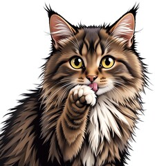 Charming illustration of a playful cat with striking fur and an inviting expression, perfect for pet lovers.