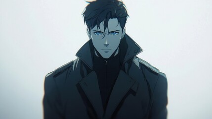 Intense male anime character in a dark coat.