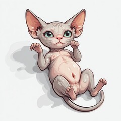 Cute and playful sphynx kitten lying on its back, showcasing its charming features and lovable personality.