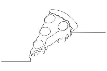 Continuous one line drawing of Pepperoni pizza slice. Single line drawing illustration of Pizza sliced. Italian food concept vector art. Doodle line illustration.