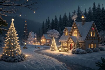 Naklejka premium Winter Holidays: Share Festive Village Nights with Snowy Charm and Christmas Light Magic 