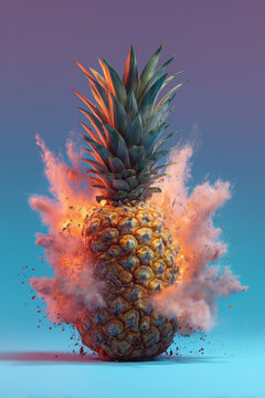 exploding pineapple fruit on plain blue gradient color background