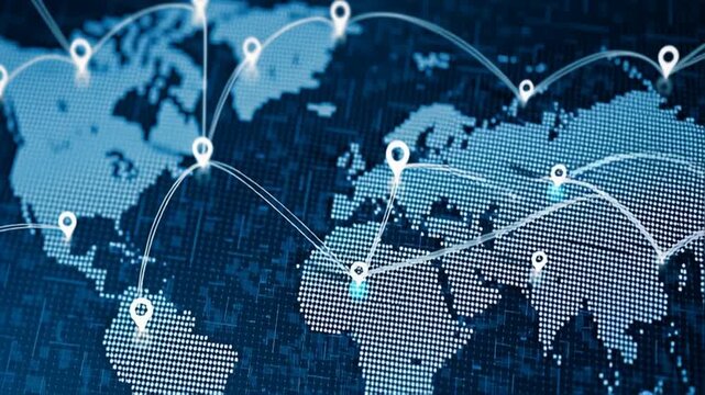 A digital map of the world with pins or markers on various locations, indicating global connectivity and technology as an illustration in a blue background color - Powered by Adobe