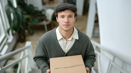 Courier walking upstairs with box in hand focused on task