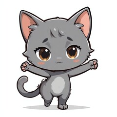 Cute cartoon gray cat character with big eyes, standing on its hind legs and ready to play or cuddle.