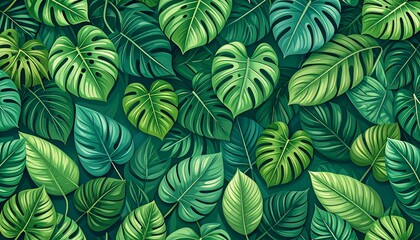 Fototapeta premium Lush green tropical foliage densely packed, various leaf shapes and shades