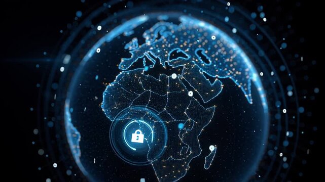 A digital globe with multiple layers of data points and graphs, with an illuminated padlock icon in the center representing global security