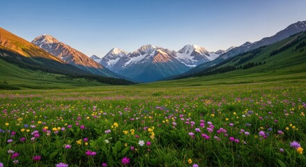 Fototapeta premium A scenic view of a mountain range with snow capped peaks and a field of wildflowers in the foreground