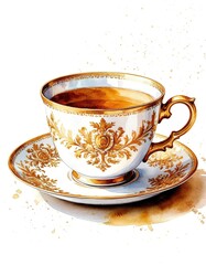 Fototapeta premium Tea cups with saucers of watercolor illustration. Vintage porcelain.