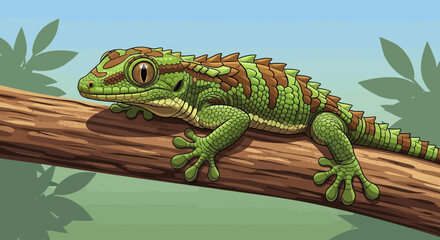 Obraz premium Illustration Art Vector of Green Gecko Lizard on Branch with Decorative Spikes and Textures Natural Wildlife Illustration