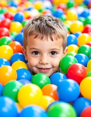 Obraz premium Joyful Boy's Day in a Colorful Ball Pit Childhood Fun and Playtime Adventures