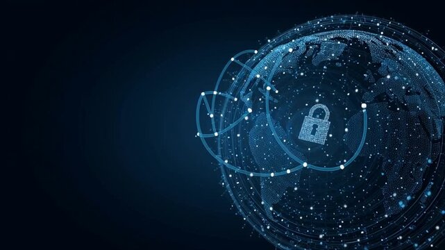 A digital globe with data points and lines, in the center of which is an icon of a padlock symbolizing cybersecurity, all on a dark blue background - Powered by Adobe