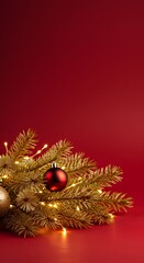 Festive Golden Branches with Red Ornaments and Fairy Lights on Red