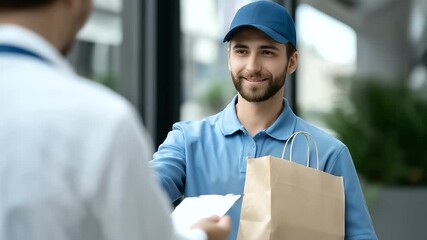 Courteous courier delivering food to customer's doorstep with smile